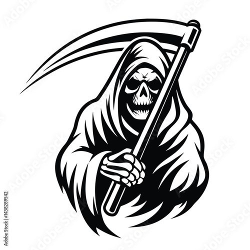 Grim Reaper Black and White Illustration, Skeleton with Hooded Cloak Holding Scythe