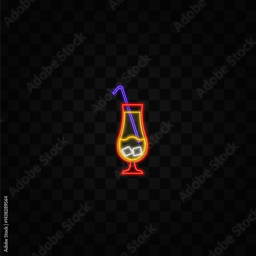 neon style. Different alcoholic drinks in various glasses. Summer appetizer decorate with lemon twist, orange slice, olive skewer, cherry. Vector illustration of soft and alcoholic drinks.