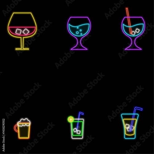 Neon wine glass sign. Neon design cocktails banner for sign, label, banner, advertising. Vector illustration. Neon design for party or restaurant
