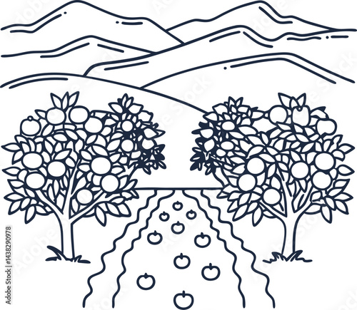 Apple orchard outline with mountains and rows of trees in a minimalist