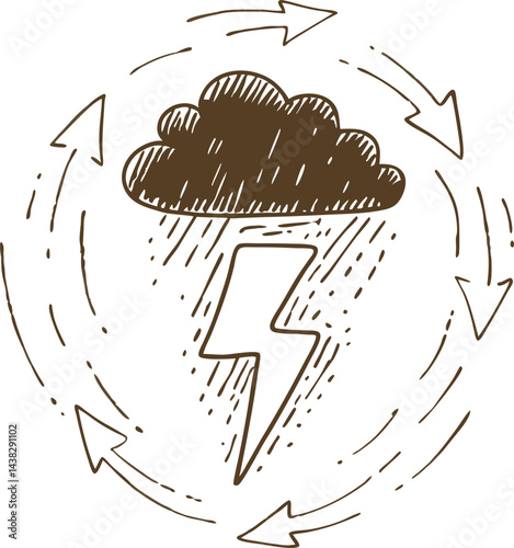 Cloud and lightning doodle with recycle arrows symbolizing natural weather cycle