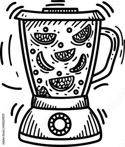 hand drawn kitchen blender illustration with fruit slices inside, black and white doodle art