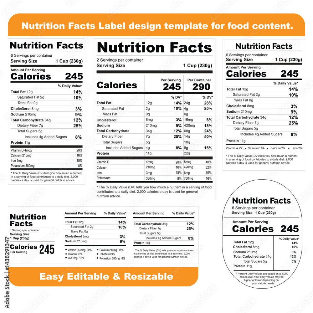Obraz premium Nutrition Facts Label design template for food content. Vector serving, fats and diet calories list for fitness healthy dietary supplement, protein sport nutrition facts American standard guideline