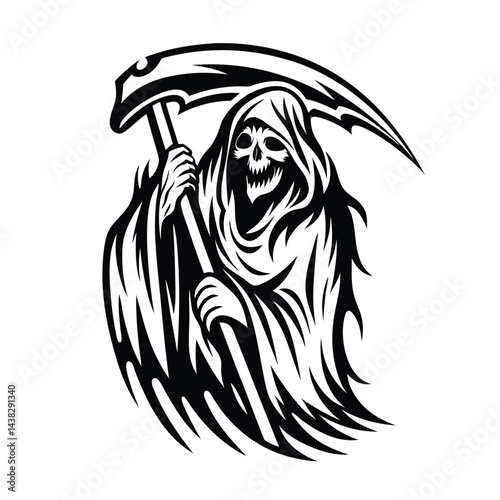 Grim Reaper with Scythe in Monochrome Silhouette, Sinister Skull Isolated on White