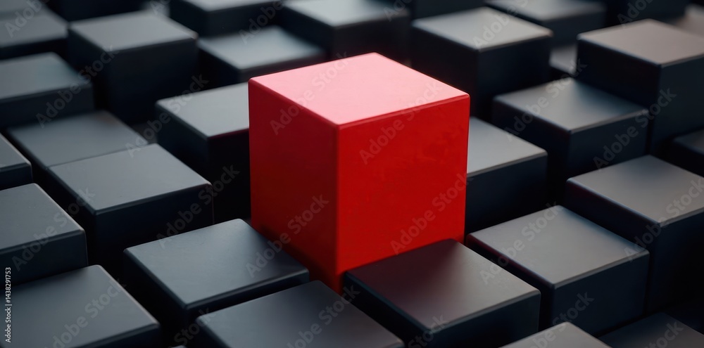 Fototapeta premium Red cube contrasts sharply against a field of black blocks , object, attention, cube