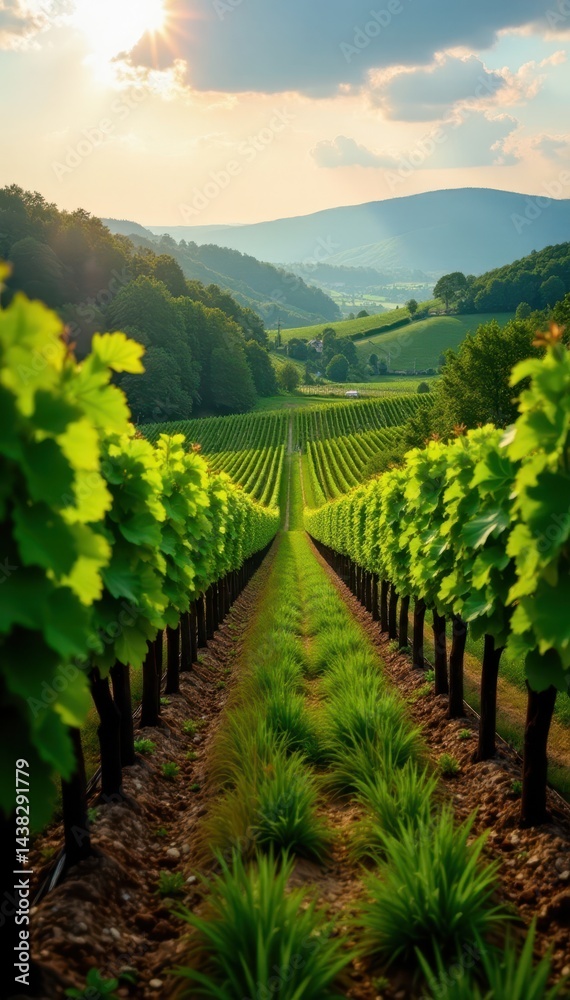 Naklejka premium Rolling hills of Freiburg vineyards, sunlit vines stretching far , Weinberge, summer