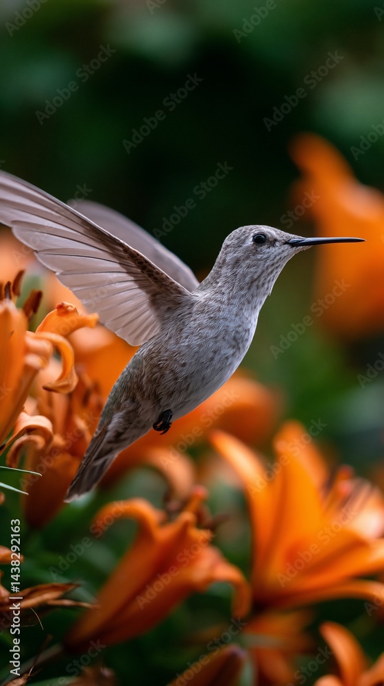 Fototapeta premium Hummingbird in flight amidst vibrant orange lilies