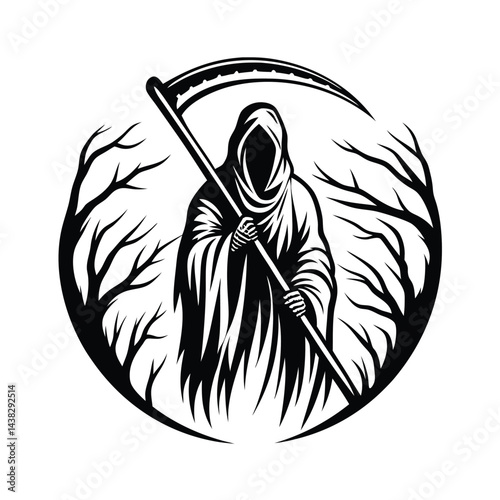 Grim Reaper with Scythe Amidst Trees, Monochrome Silhouette in Circular Design