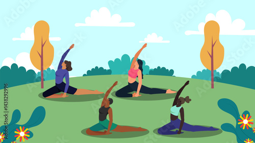 flat vector illustration of a group of women doing pilates poses in a park with leaves and clouds