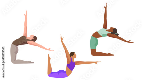 asian, japanese, african american pilates women vector illustration set flat