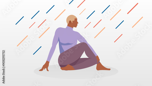 flat vector illustration of african american woman doing yoga pose and colored lines background