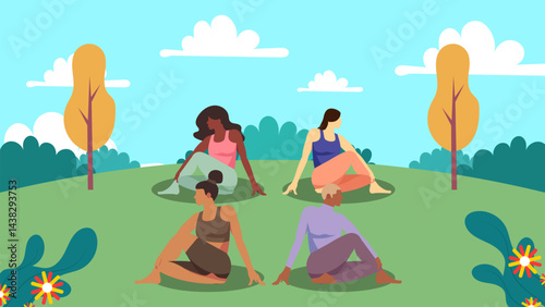 flat vector illustration of a group of women doing yoga poses in a park with leaves and clouds