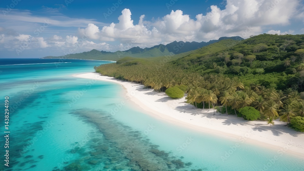 High-angle, full shot of a tropical beach. High-angle, full shot of a tropical beach.