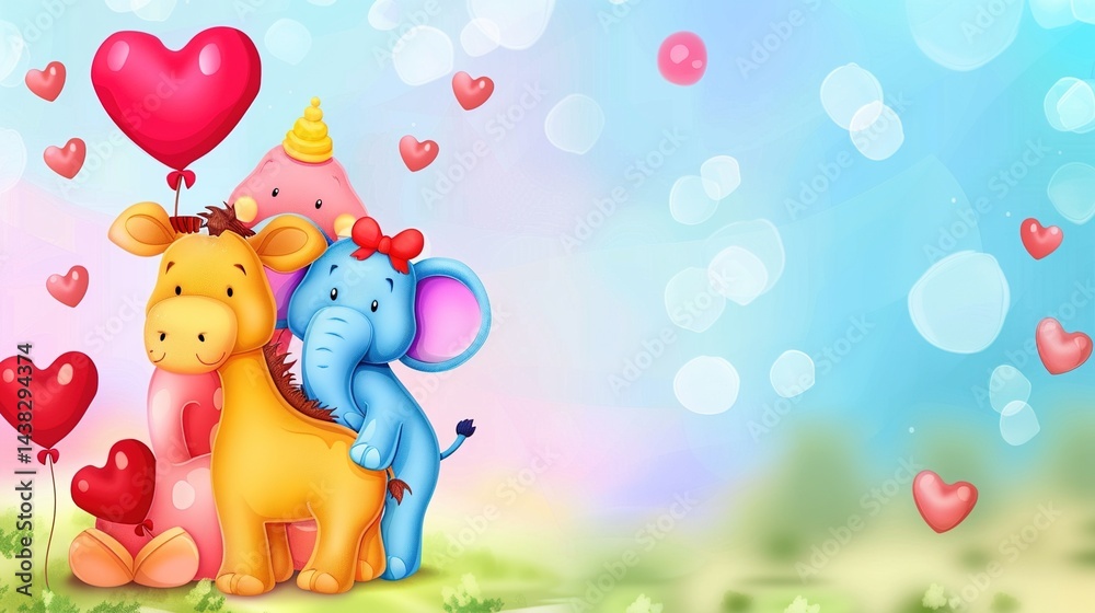 Fototapeta premium Cartoon Animal Love Heart Children's Toy Background: A Whimsical World of Playful Affection
