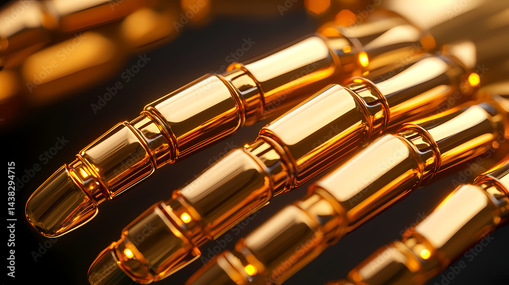 Naklejka premium Close-up of golden robotic fingers with a sleek, metallic finish and detailed joints, highlighting advanced technology and futuristic design.