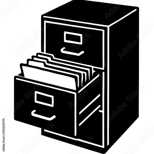 Filing Cabinet Illustration with Open Drawer Showing Folders
