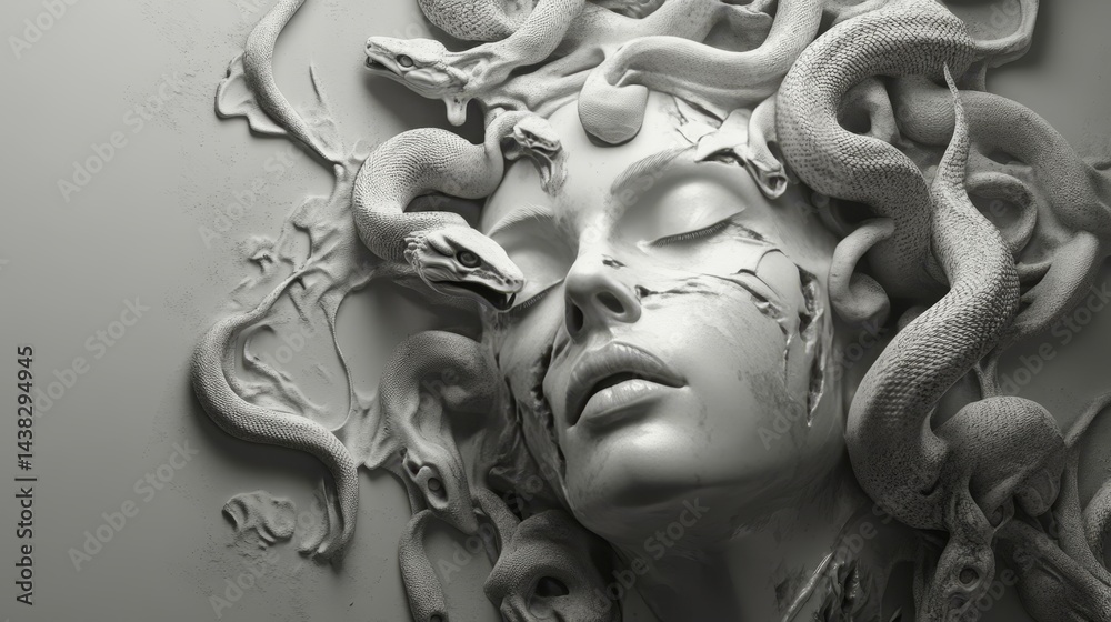 Black and white 3d rendering of medusa with snakes and zombies on a mint background