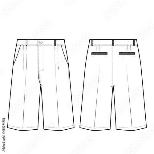 Technical flat sketch of Bermuda pants. Formal shorts with welt pockets. Side pocket, Pleated vertical darts. Vector mock up Template. 