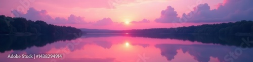 Pink sunset clouds reflected in calm lake water, peaceful, cloudscape, water reflection