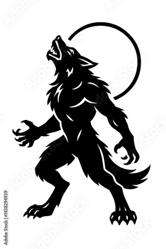 Werewolf Howling at Full Moon Black and White Illustration