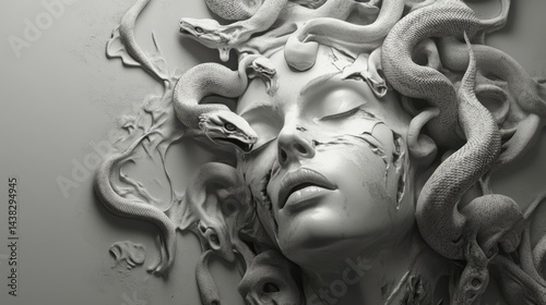 Obraz na płótnie Black and white 3d rendering of medusa with snakes and zombies on a mint background w salonie