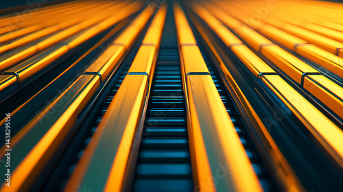 Abstract image of glowing orange and black parallel bars with futuristic industrial design.