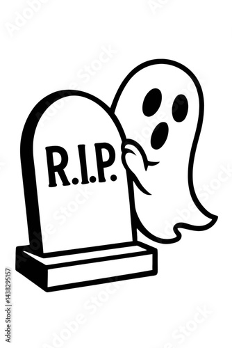 black and white ghost with tombstone clip art preview