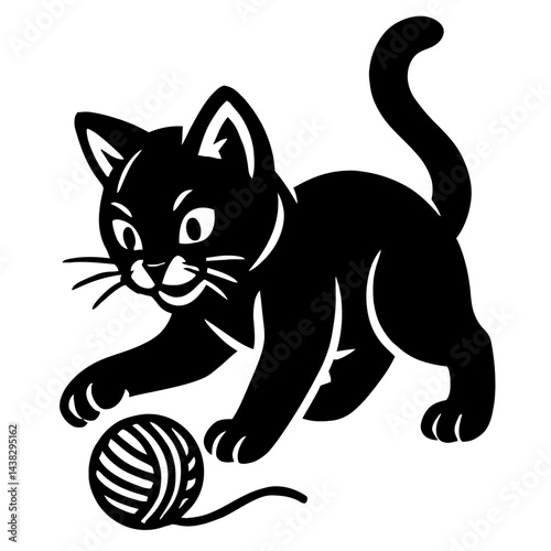 Cute Cartoon Black and White Kitten Playing with Ball of Yarn Illustration