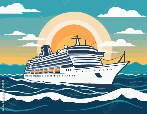 Cruise Ship Vector Illustration with Sea Waves and Sun, Perfect for Vacation Packages, Travel Brochures, and Maritime Industry Marketing.