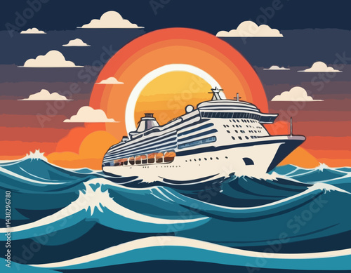 Cruise Ship Vector Illustration with Sea Waves and Sun, Perfect for Vacation Packages, Travel Brochures, and Maritime Industry Marketing.