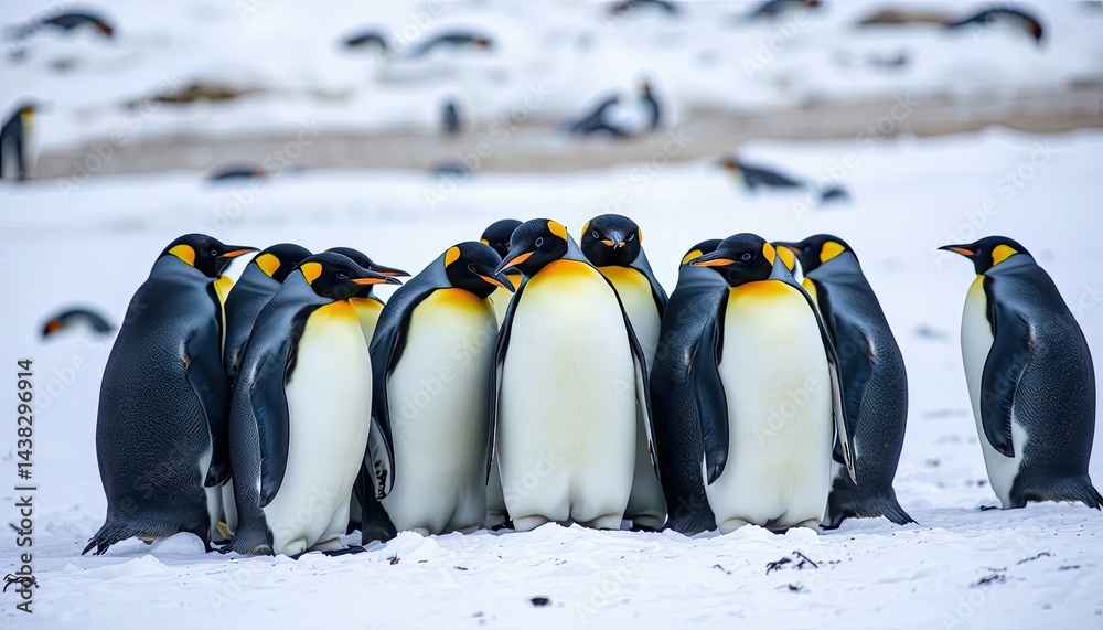 Obraz premium King Penguins Huddle in Snowy Antarctic Landscape