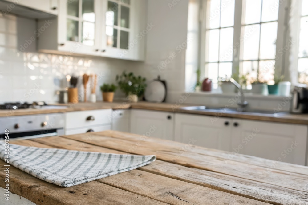 Fototapeta premium Cozy and Bright Modern Kitchen with Wooden Countertop and Natural Light Streaming In