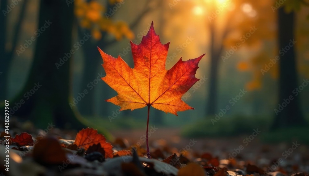 Single, fiery orange maple leaf drifting down, fall, season, maple leaf Single, fiery orange maple leaf drifting down, fall, season, maple leaf