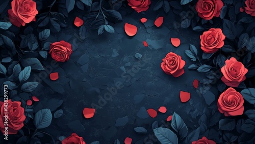Wallpaper Mural Dark romantic roses with petals and leaves.  Frame of vibrant crimson roses on a dark textured background.  Delicate rose petals scattered around the frame Torontodigital.ca