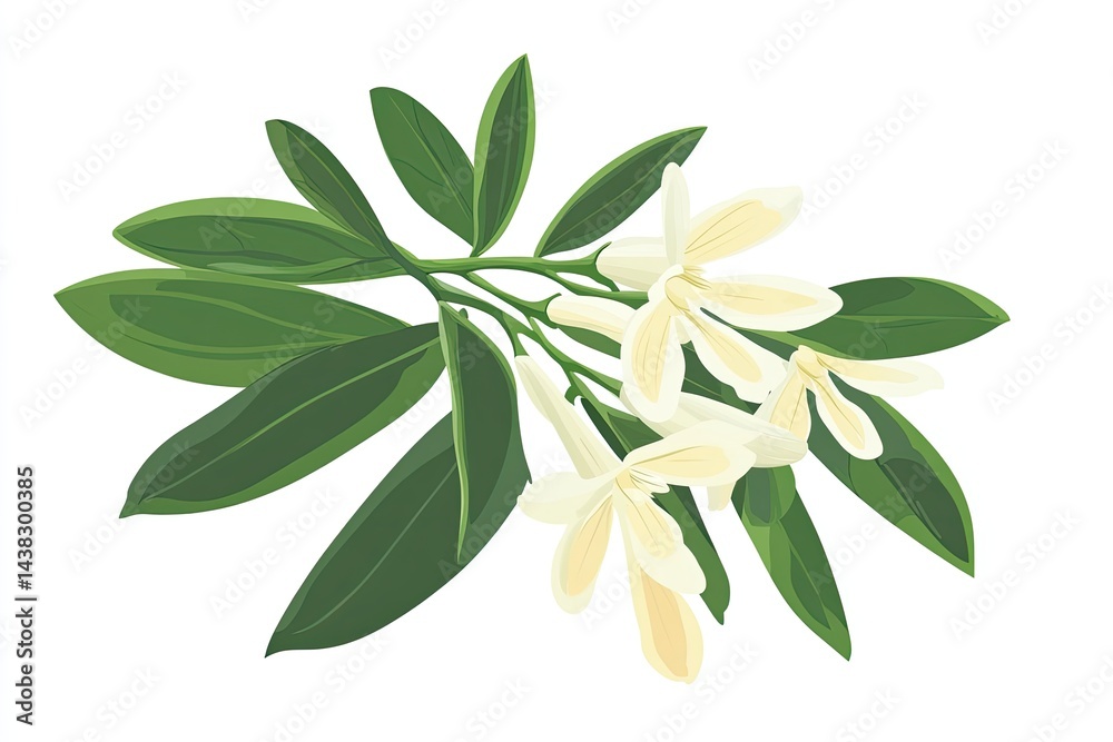 Naklejka premium Creamy white flowers with vibrant green leaves on a branch