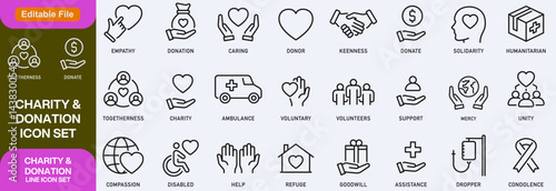 Charity and Donation set of web icons in line style. Volunteering and donation icons for web and mobile app. Help, caring, solidarity, alms, donate, volunteer, care, charity and more. Editable stroke