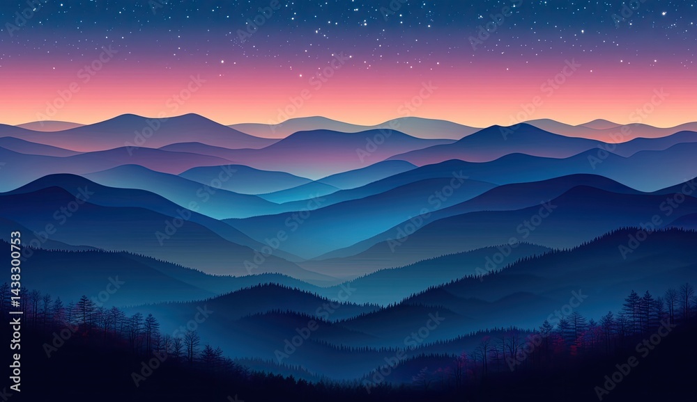 Obraz premium Serene twilight view of layered mountains under a starry sky