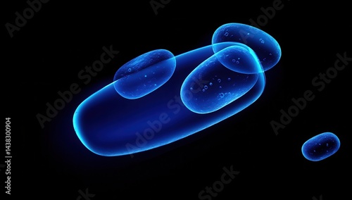 Abstract representation of biological structures, possibly cells or molecules, in a glowing blue hue against a black backdrop.  A series of translucent, rounded shapes are interconnected