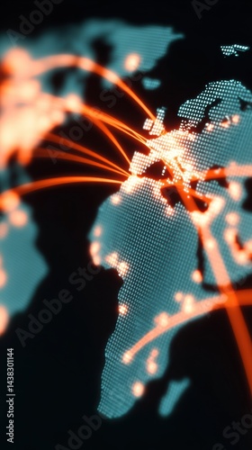 Futuristic Digital World Map with Glowing Trade Routes, Global Trading Network
