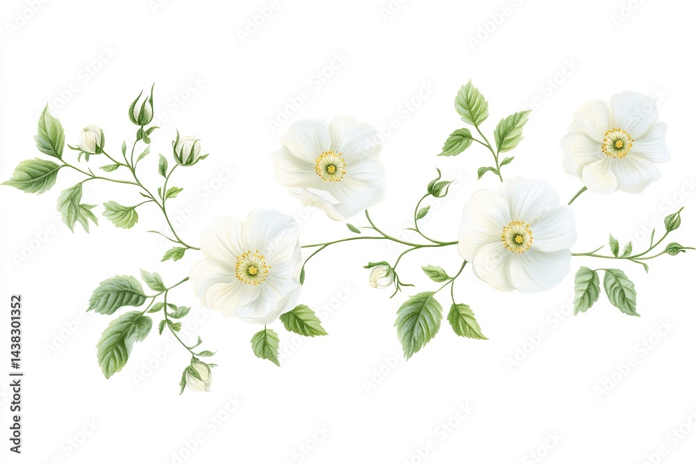 Fototapeta premium Delicate watercolor painting of white blossoms and green leaves arranged in a horizontal floral garland