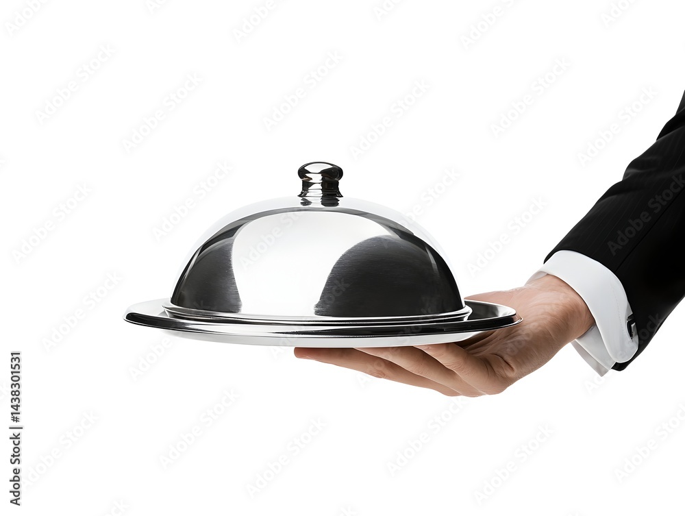 Obraz premium Photo of a Waiter Holding a Silver Serving Tray