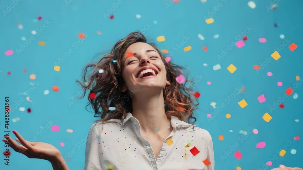 Young woman laughing and enjoying herself at a party. Colorful confetti around her. Young woman laughing and enjoying herself at a party. Colorful confetti around her.