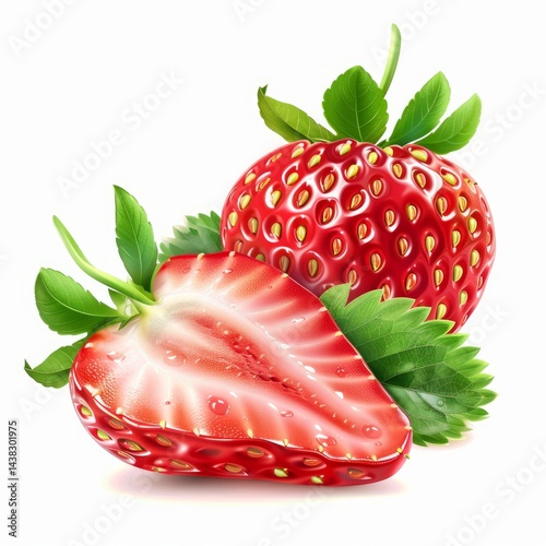 Ripe Summer Strawberry Fruit with Green Leaves Vector on White Background