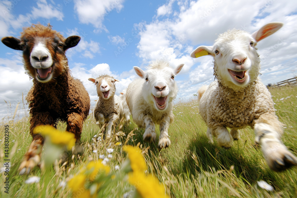 Fototapeta premium A lively group of fluffy lambs beams with infectious delight, gamboling freely across a vibrant, wildflower-speckled meadow, a picture of pure, unadulterated joy under a bright blue sky.