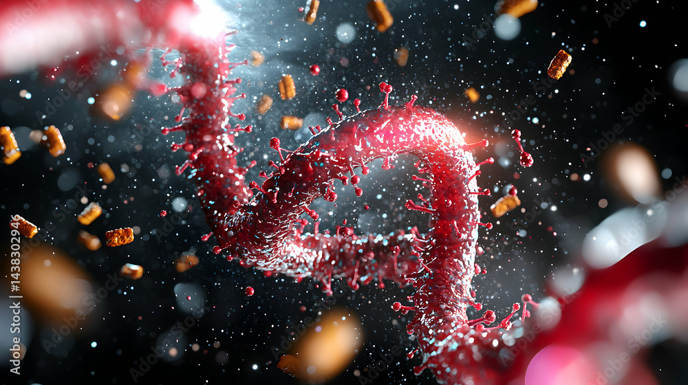 An abstract image of a virus or biological structure in a dark space with particles. Suitable for medical illustrations or scientific presentations. An abstract image of a virus or biological structure in a dark space with particles. Suitable for medical illustrations or scientific presentations.