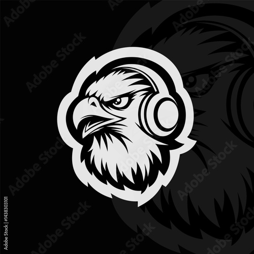 Angry eagle with headphone head mascot animal esport, black white