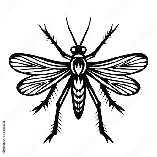 Bold Black Silhouette of Mosquito with Detailed Wings, Legs and Antenna on White