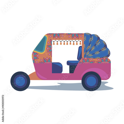 India tuk tuk taxi in flat design. Public rickshaw car with ornament. Vector illustration isolated.