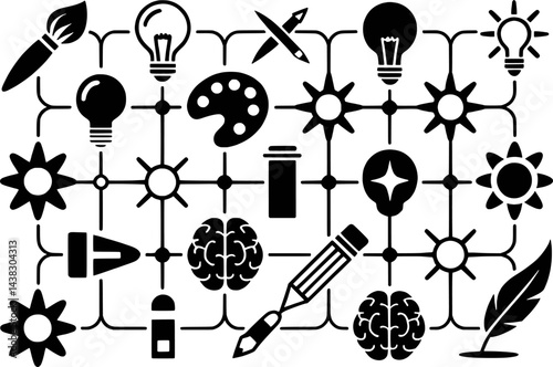 Creative process black and white icon set representing design thinking and innovation