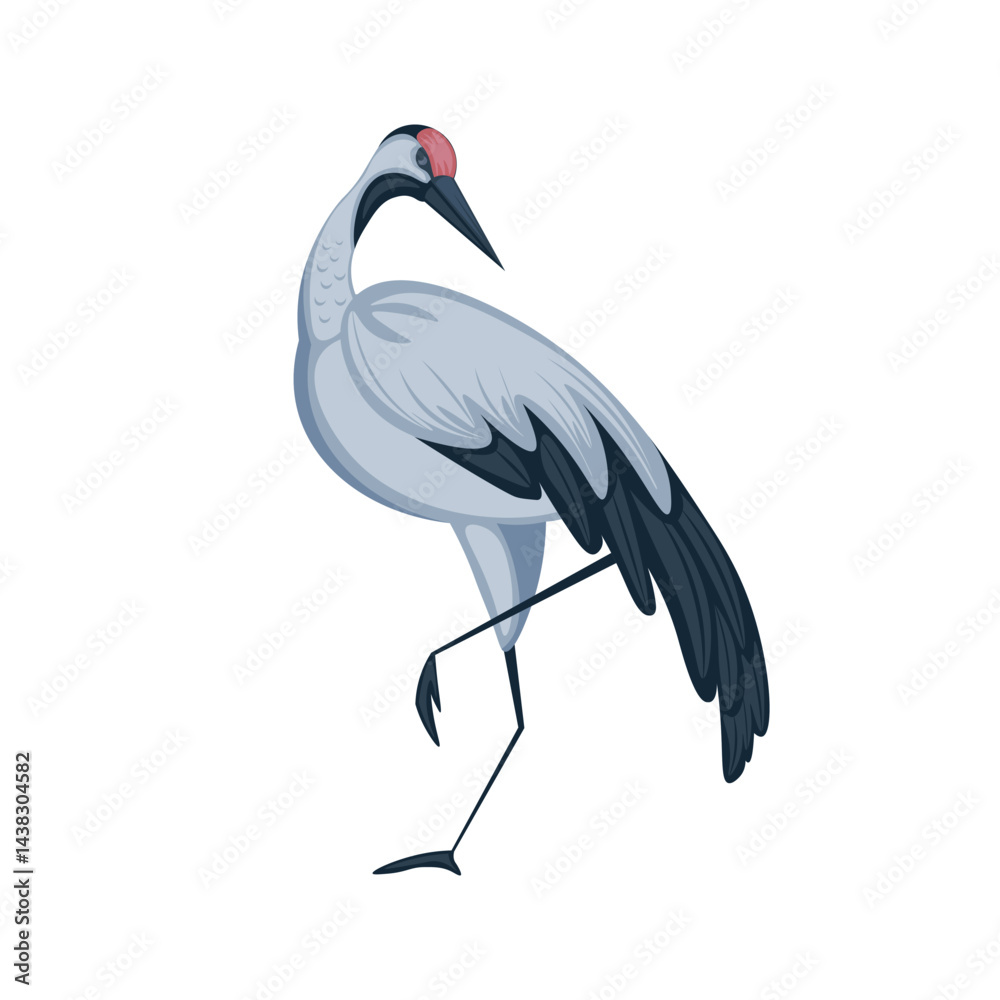 Fototapeta premium Japan crane in flat design. Beautiful bird with white feathers posing. Vector illustration isolated.